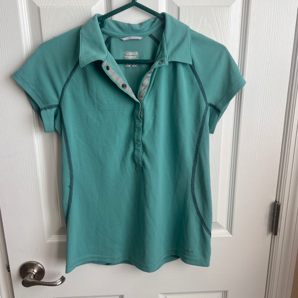 Columbia Titanium Omni-Shade Polo Shirt Womens Medium Teal Green Short Sleeve